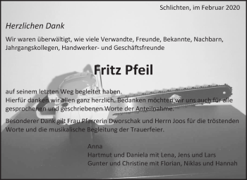 Traueranzeige von Fritz Pfeil von Eßlinger Zeitung/Cannstatter Zeitung