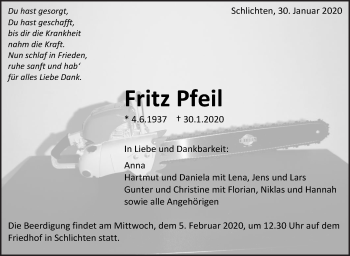 Traueranzeige von Fritz Pfeil von Eßlinger Zeitung/Cannstatter Zeitung