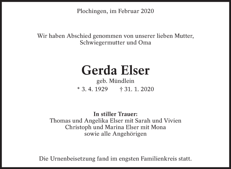  Traueranzeige für Gerda Elser vom 15.02.2020 aus Eßlinger Zeitung/Cannstatter Zeitung