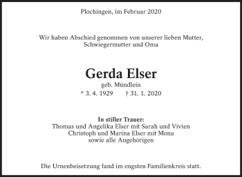 Traueranzeige von Gerda Elser von Eßlinger Zeitung/Cannstatter Zeitung