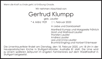 Traueranzeige von Gertrud Klumpp von Eßlinger Zeitung/Cannstatter Zeitung