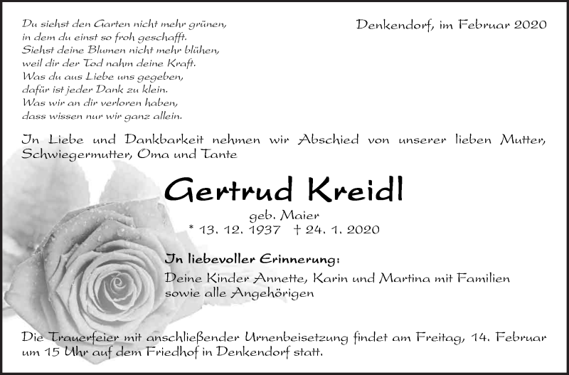 Traueranzeige für Gertrud Kreidl vom 08.02.2020 aus Eßlinger Zeitung/Cannstatter Zeitung