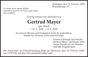 Traueranzeige von Gertrud Mayer von Eßlinger Zeitung/Cannstatter Zeitung