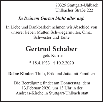 Traueranzeige von Gertrud Schaber von Eßlinger Zeitung/Cannstatter Zeitung