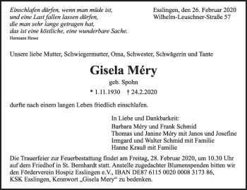 Traueranzeige von Gisela Mery von Eßlinger Zeitung/Cannstatter Zeitung