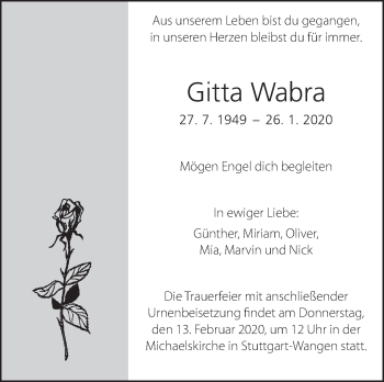 Traueranzeige von Gitta Wabra von Eßlinger Zeitung/Cannstatter Zeitung