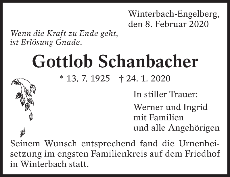  Traueranzeige für Gottlob Schanbacher vom 08.02.2020 aus Eßlinger Zeitung/Cannstatter Zeitung