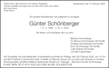 Traueranzeige von Günter Schönberger von Eßlinger Zeitung/Cannstatter Zeitung