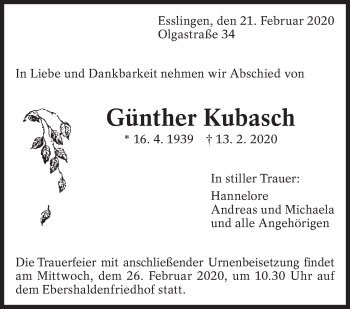 Traueranzeige von Günther Kubasch von Eßlinger Zeitung/Cannstatter Zeitung