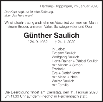 Traueranzeige von Günther Saulich von Eßlinger Zeitung/Cannstatter Zeitung