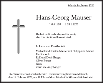 Traueranzeige von Hans-Georg Mauser von Eßlinger Zeitung/Cannstatter Zeitung