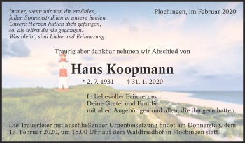 Traueranzeige von Hans Koopmann von Eßlinger Zeitung/Cannstatter Zeitung