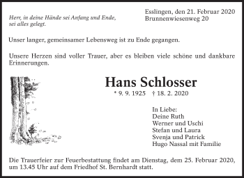 Traueranzeige von Hans Schlosser von Eßlinger Zeitung/Cannstatter Zeitung