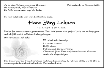 Traueranzeige von Hans Jörg Lehnen von Eßlinger Zeitung/Cannstatter Zeitung