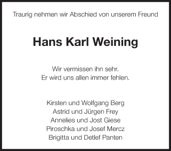 Traueranzeige von Hans Karl Weining von Eßlinger Zeitung/Cannstatter Zeitung