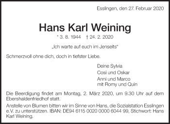 Traueranzeige von Hans Karl Weining von Eßlinger Zeitung/Cannstatter Zeitung
