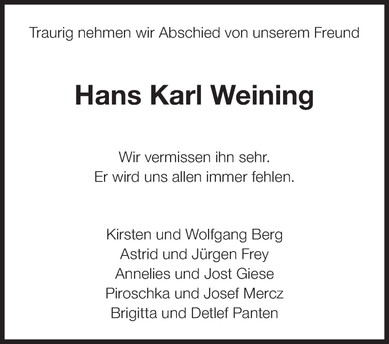  Traueranzeige für Hans Karl Weining vom 27.02.2020 aus Eßlinger Zeitung/Cannstatter Zeitung