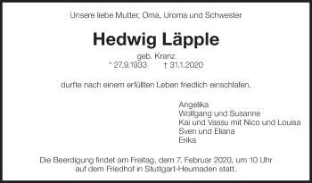 Traueranzeige von Hedwig Läpple von Eßlinger Zeitung/Cannstatter Zeitung