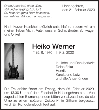Traueranzeige von Heiko Werner von Eßlinger Zeitung/Cannstatter Zeitung