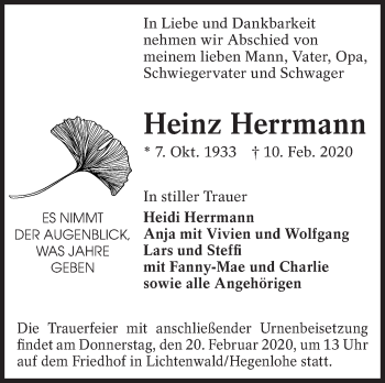 Traueranzeige von Heinz Herrmann von Eßlinger Zeitung/Cannstatter Zeitung