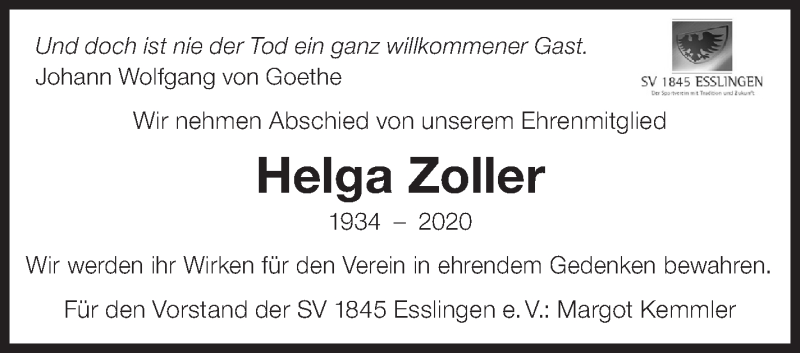  Traueranzeige für Helga Zoller vom 19.02.2020 aus Eßlinger Zeitung/Cannstatter Zeitung