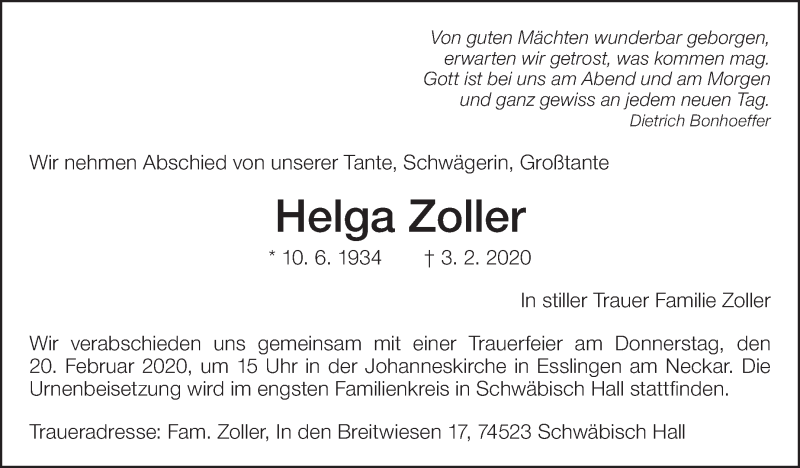  Traueranzeige für Helga Zoller vom 17.02.2020 aus Eßlinger Zeitung/Cannstatter Zeitung