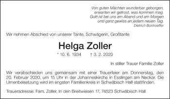 Traueranzeige von Helga Zoller von Eßlinger Zeitung/Cannstatter Zeitung