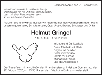 Traueranzeige von Helmut Gringel von Eßlinger Zeitung/Cannstatter Zeitung