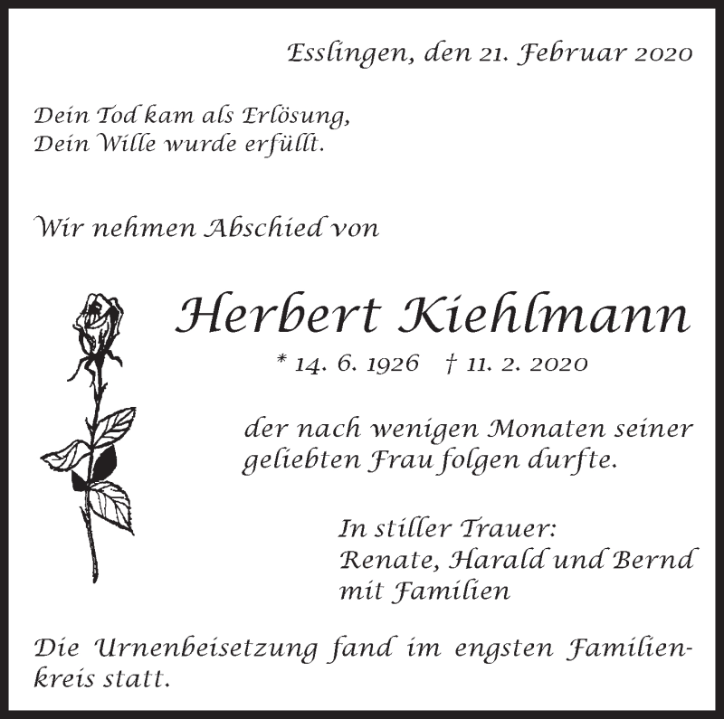  Traueranzeige für Herbert Kiehlmann vom 21.02.2020 aus Eßlinger Zeitung/Cannstatter Zeitung