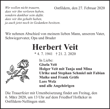 Traueranzeige von Herbert Veit von Eßlinger Zeitung/Cannstatter Zeitung