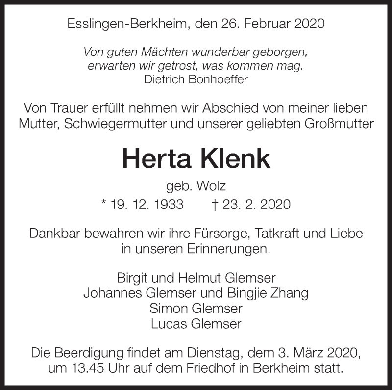  Traueranzeige für Herta Klenk vom 26.02.2020 aus Eßlinger Zeitung/Cannstatter Zeitung