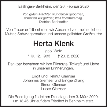 Traueranzeige von Herta Klenk von Eßlinger Zeitung/Cannstatter Zeitung