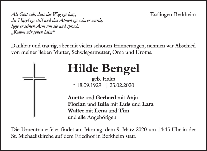  Traueranzeige für Hilde Bengel vom 29.02.2020 aus Eßlinger Zeitung/Cannstatter Zeitung