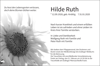 Traueranzeige von Hilde Ruth von Eßlinger Zeitung/Cannstatter Zeitung