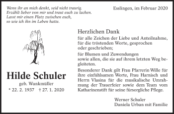Traueranzeige von Hilde Schuler von Eßlinger Zeitung/Cannstatter Zeitung