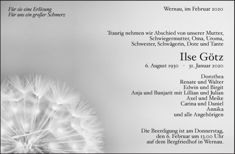  Traueranzeige für Ilse Götz vom 04.02.2020 aus Eßlinger Zeitung/Cannstatter Zeitung