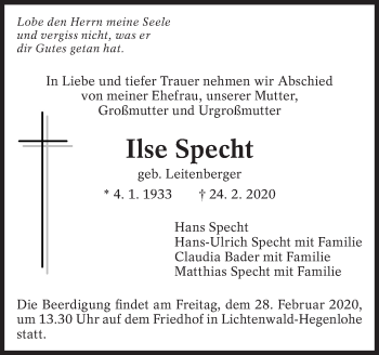 Traueranzeige von Ilse Specht von Eßlinger Zeitung/Cannstatter Zeitung