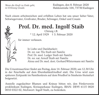 Traueranzeige von Ingolf Staib von Eßlinger Zeitung/Cannstatter Zeitung