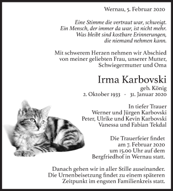 Traueranzeige von Irma Karbovski von Eßlinger Zeitung/Cannstatter Zeitung