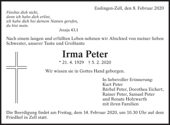 Traueranzeige von Irma Peter von Eßlinger Zeitung/Cannstatter Zeitung