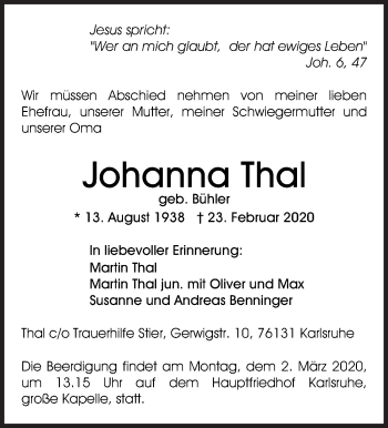 Traueranzeige von Johanna Thal von Eßlinger Zeitung/Cannstatter Zeitung