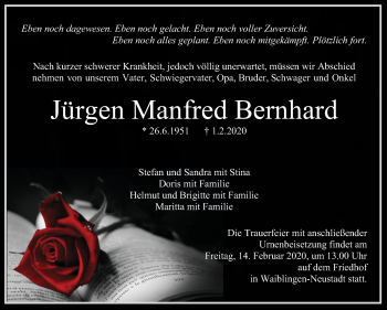 Traueranzeige von Jürgen Manfred Bernhard von Eßlinger Zeitung/Cannstatter Zeitung