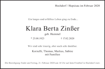 Traueranzeige von Klara Berta Zinßer von Eßlinger Zeitung/Cannstatter Zeitung