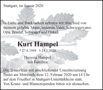 Traueranzeige von Kurt Hampel von Eßlinger Zeitung/Cannstatter Zeitung