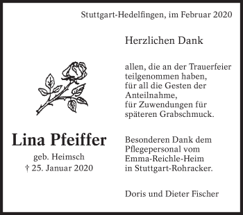 Traueranzeige von Lina Pfeiffer von Eßlinger Zeitung/Cannstatter Zeitung