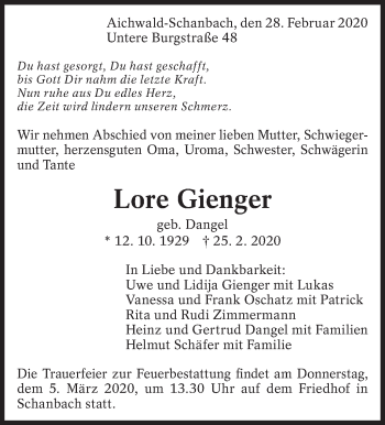 Traueranzeige von Lore Gienger von Eßlinger Zeitung/Cannstatter Zeitung