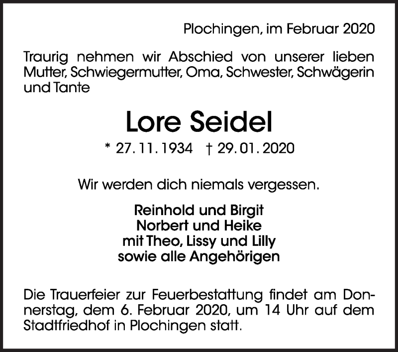  Traueranzeige für Lore Seidel vom 01.02.2020 aus Eßlinger Zeitung/Cannstatter Zeitung