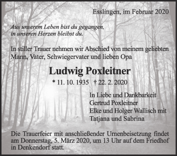 Traueranzeige von Ludwig Poxleitner von Eßlinger Zeitung/Cannstatter Zeitung