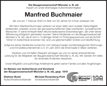 Traueranzeige von Manfred Buchmaier von Eßlinger Zeitung/Cannstatter Zeitung