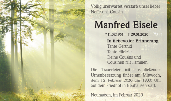 Traueranzeige von Manfred Eisele von Eßlinger Zeitung/Cannstatter Zeitung